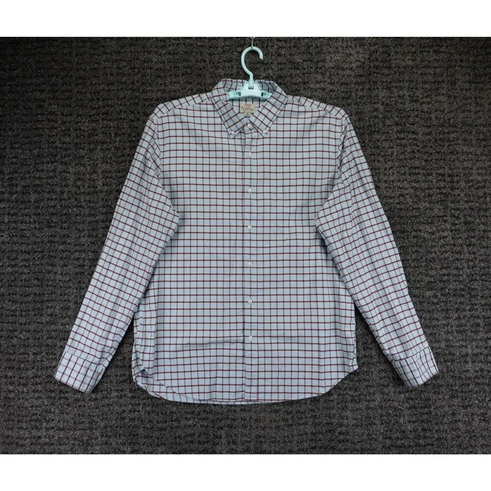 J Crew Shirt Mens XL Slim Slate Blue Plaid Long Sleeve All Cotton Oxford Preppy